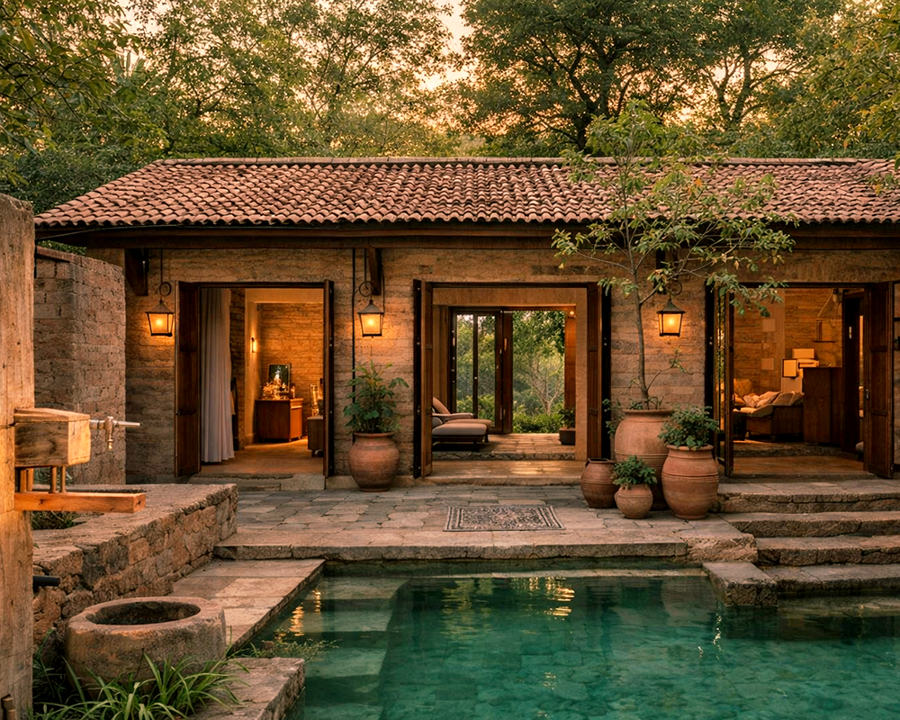 A contemporary villa situated on the edge of a serene pond.