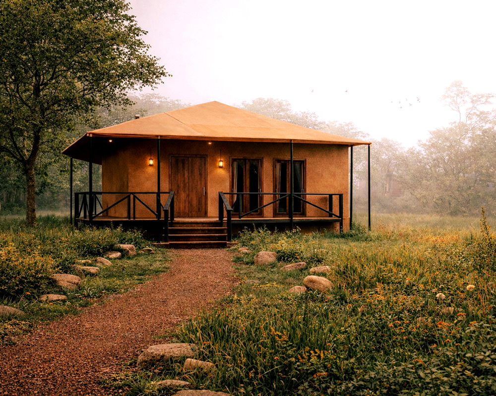 A luxury safari tent with a cozy interior and a private wooden deck.