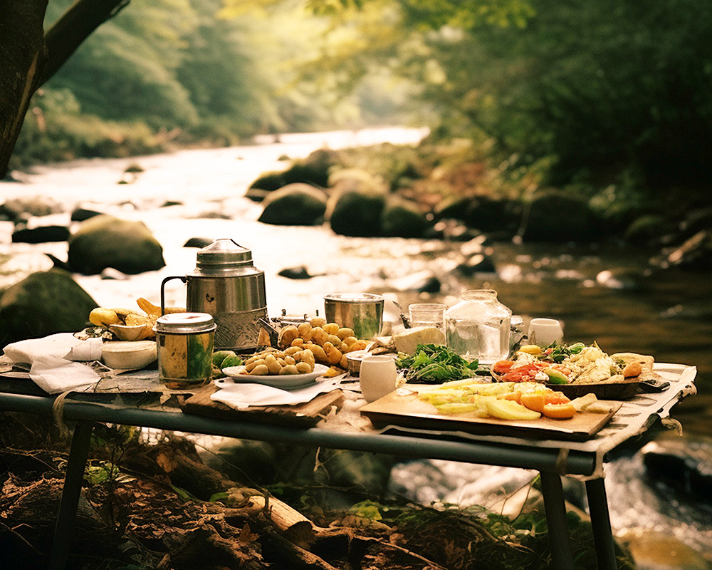 An elegant outdoor dining setup on a terrace at sunset.