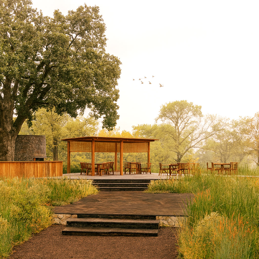 Open-air wooden dining pavilion with multiple tables set under a large, leafy tree.