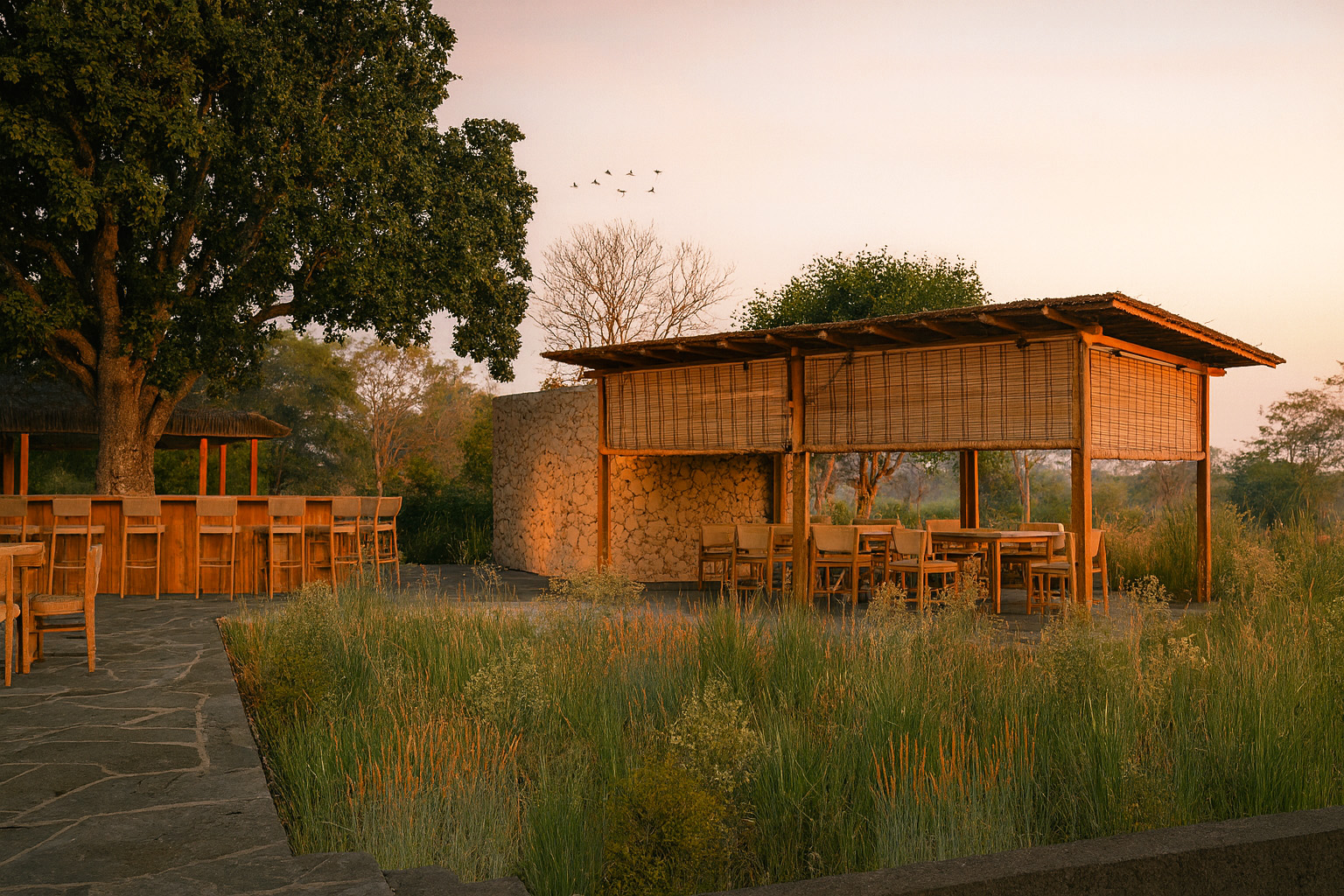 Open-air dining pavilion set within grassland and forest at a wildlife lodge