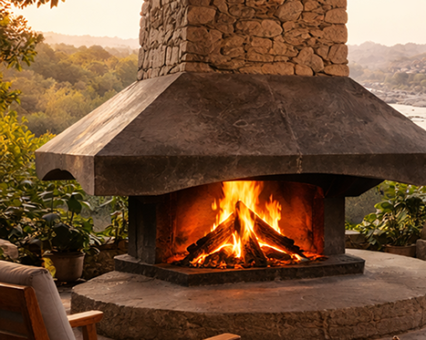 An outdoor stone fireplace with a roaring fire, situated against a scenic backdrop of rolling hills at sunset.