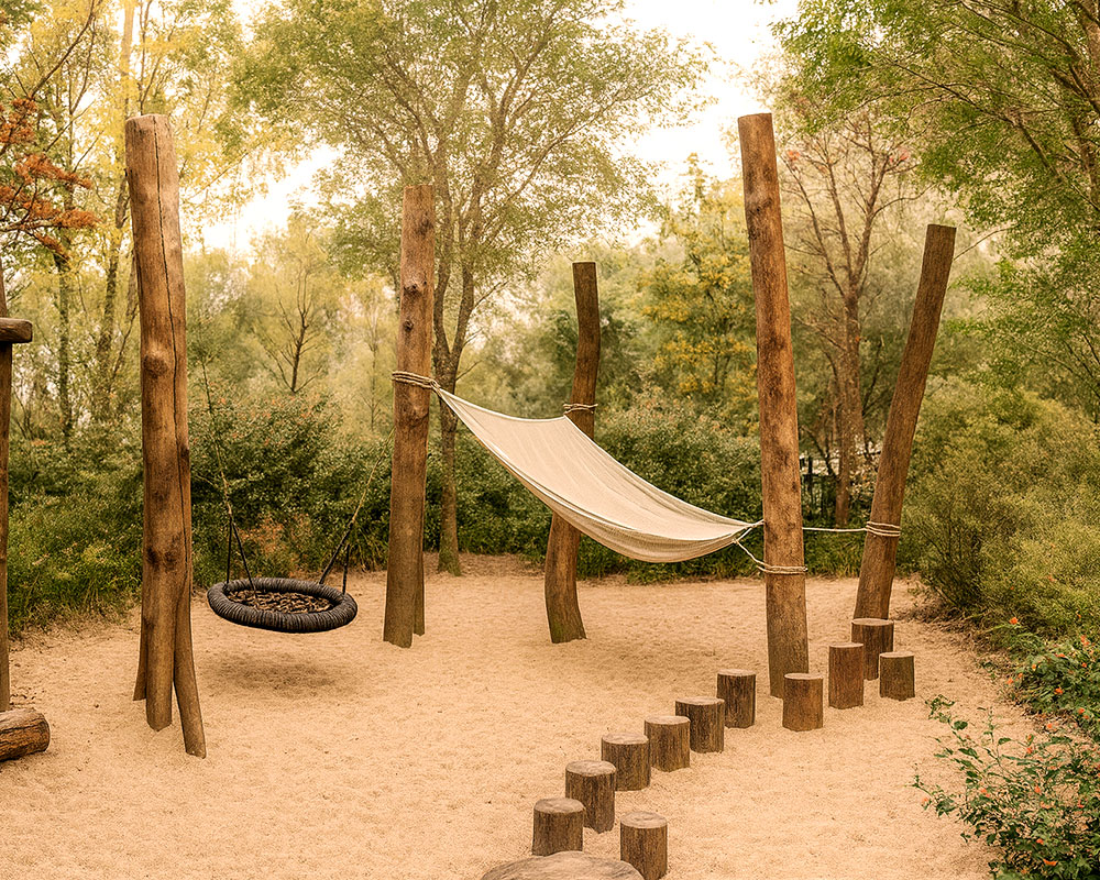 Rustic nature playground featuring a rope swing, cloth hammock, and wooden stepping logs on sand.
