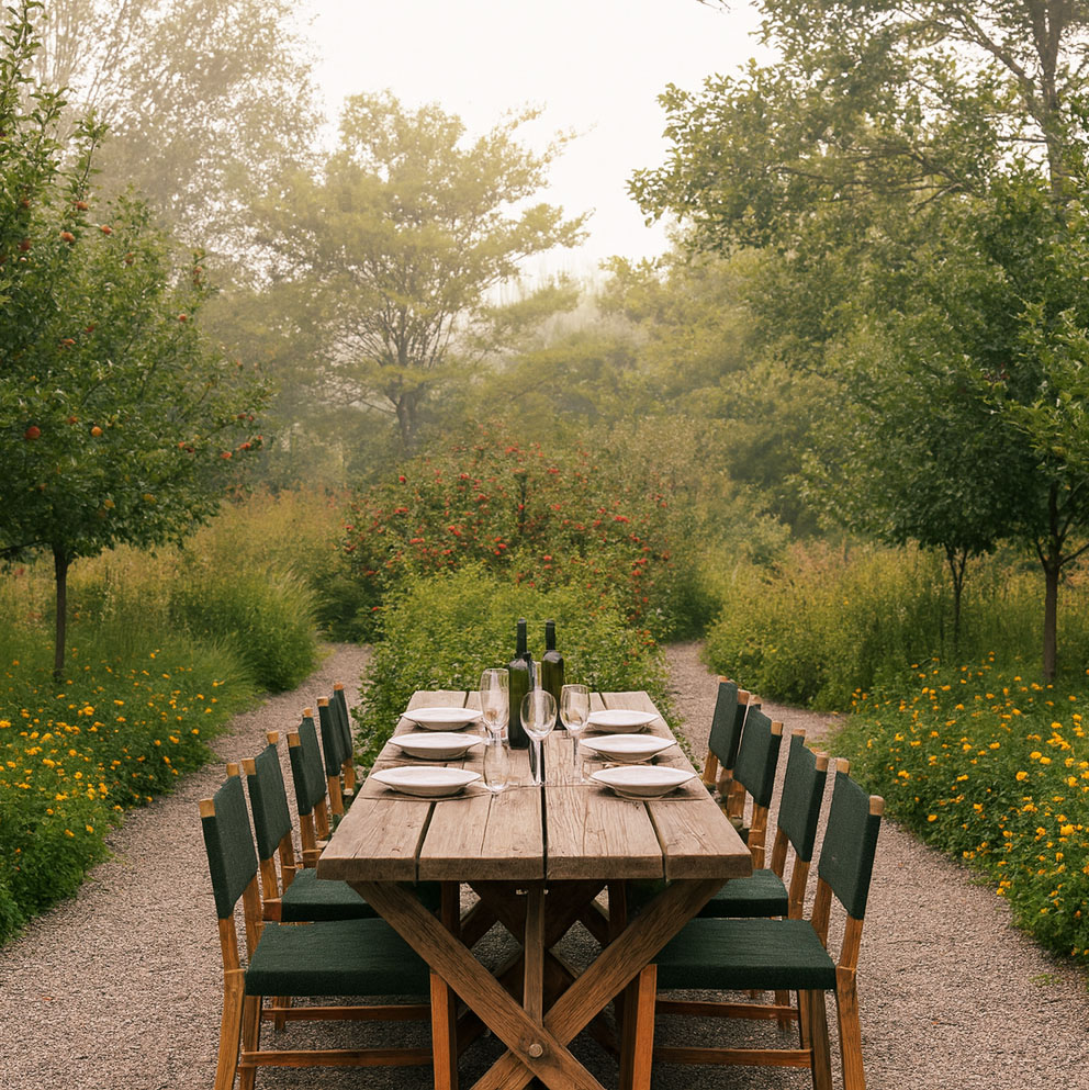 A long wooden dining table set for a meal in the middle of a lush orchard path.