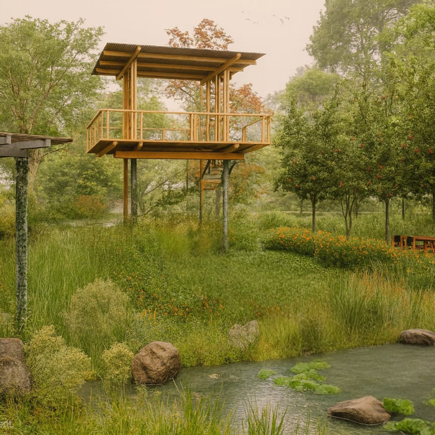 Elevated wooden wildlife observation platform overlooking a lush, grassy wetland.