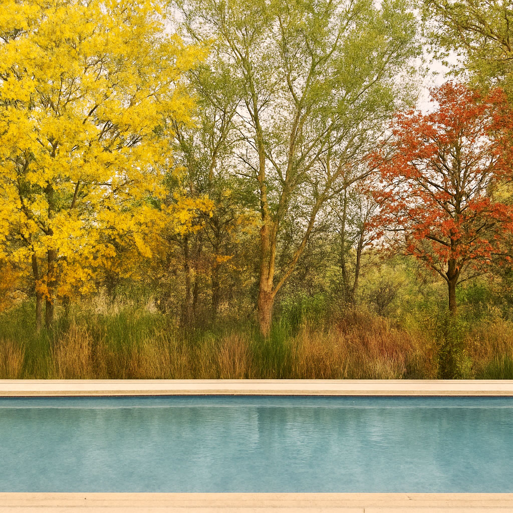 A tranquil, clear blue swimming pool set against a backdrop of colorful autumn trees and tall grass.