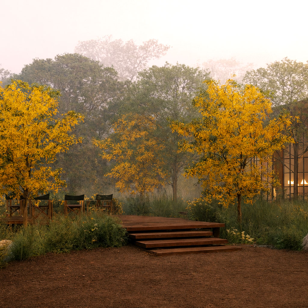 Tiered wooden deck and seating area surrounded by vibrant yellow autumn trees in a misty forest.