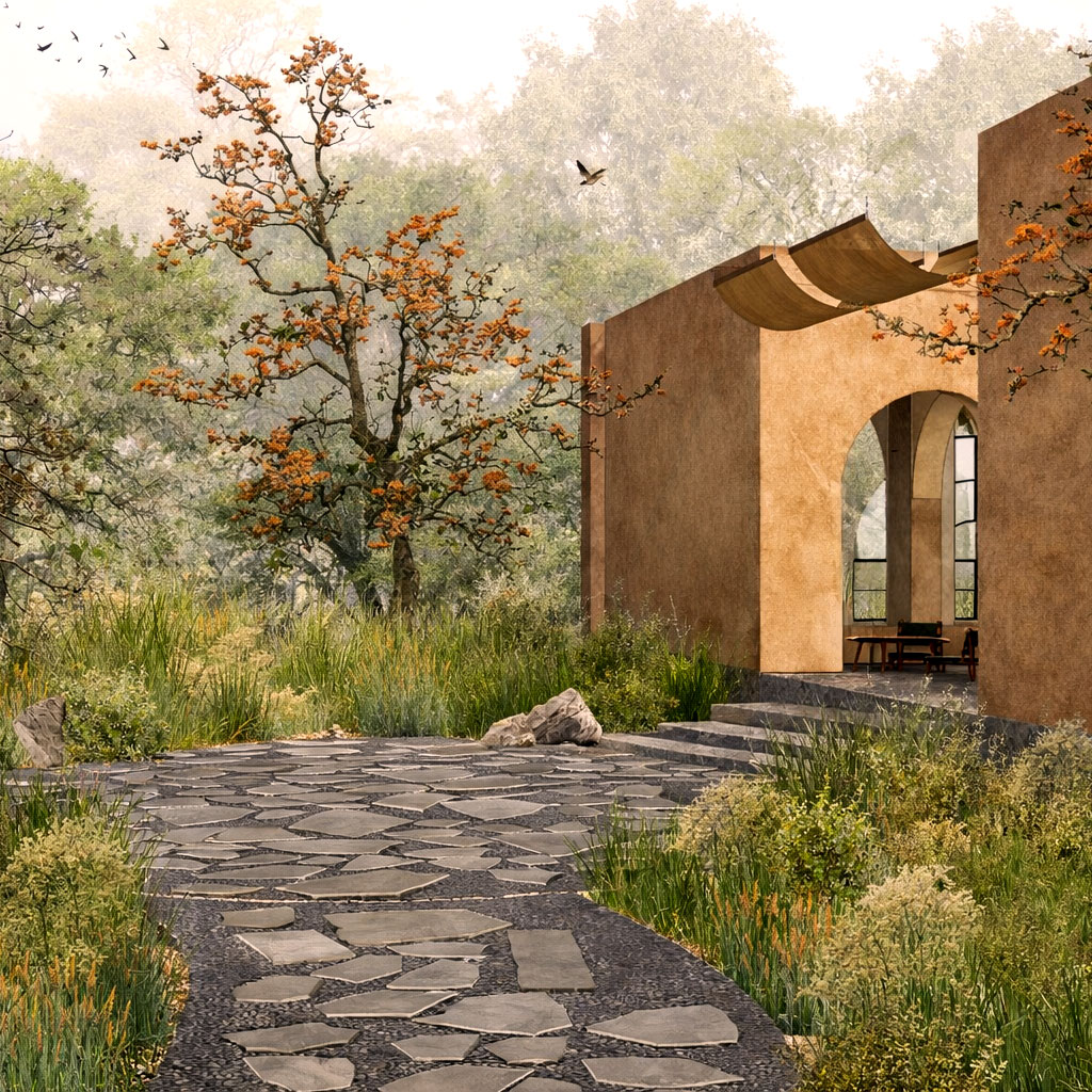 Modern earth-toned building with arched windows and a stone-paved path leading through wild greenery.