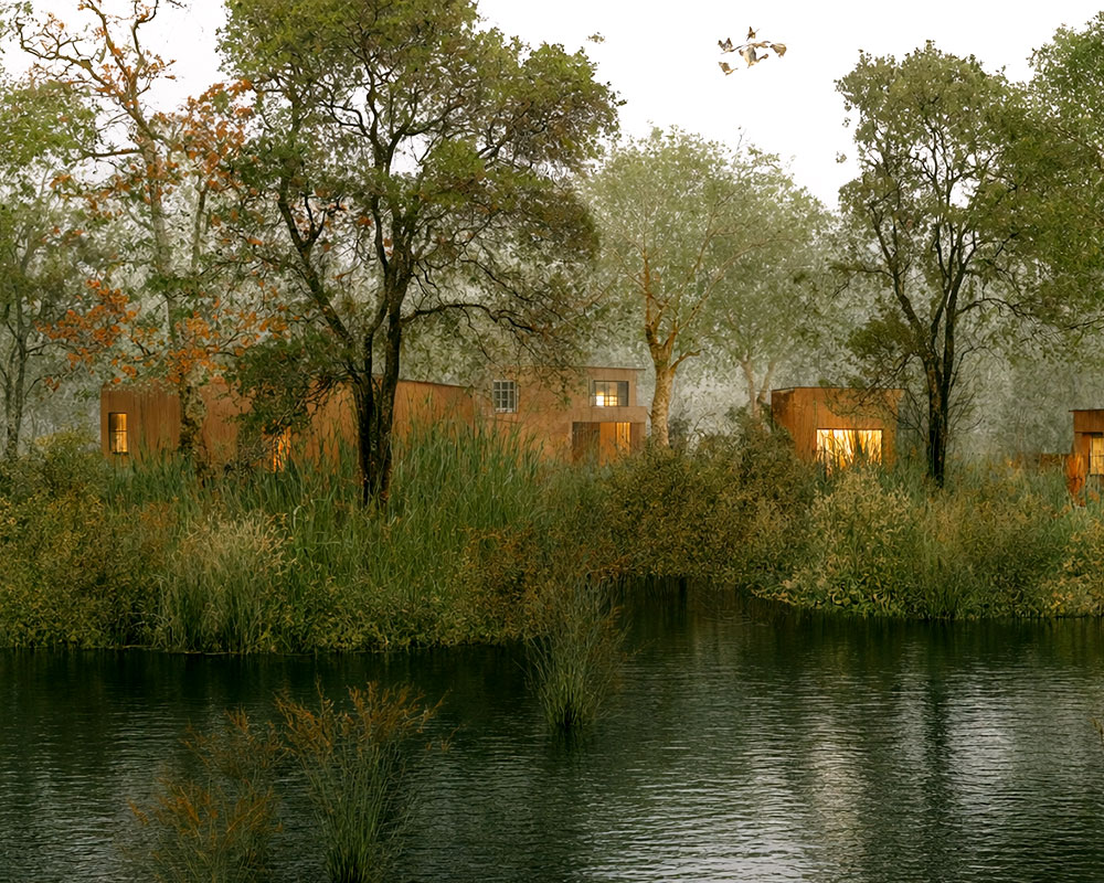 Warmly lit wooden cabins nestled among tall reeds at the edge of a calm lake.