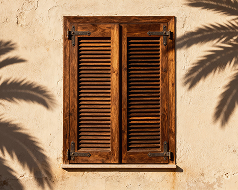 Dark wood louvered shutters on a beige wall, framed by the shadows of palm fronds.